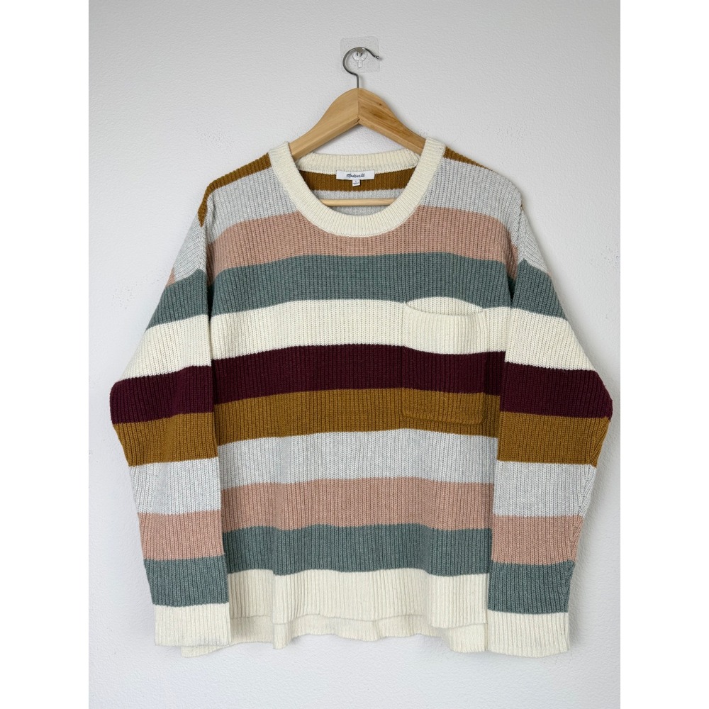 Madewell Women Cotton Thompson Pocket Pullover L Rainbow Stripe Rib Knit Sweater